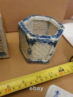 5 of Antique Chinese Blue & White Reticulated Porcelain Cricket Cages Brush Pots