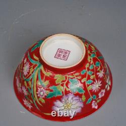 6.1 Chinese Qing Colour Enamels Porcelain Red Ground Peony Flower Bowl Pair