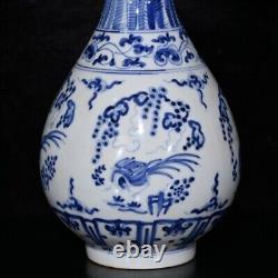 6.5Antique dynasty Porcelain chenghua mark Blue white flower bird Yuhuchun vase