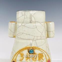 8.1 Chinese Antique Porcelain Song dynasty guan kiln White gilt Gem inlay Vase