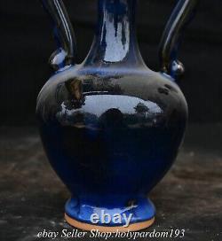 8.8 Chinese Blue Glaze Porcelain Fengshui 2 Double Dragon Bottle Vase