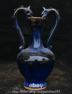 8.8 Chinese Blue Glaze Porcelain Fengshui 2 Double Dragon Bottle Vase