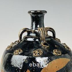 8.8 Chinese Old Antique Porcelain dynasty Black red glaze flower Four ear Vase