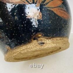 8.8 Chinese Old Antique Porcelain dynasty Black red glaze flower Four ear Vase