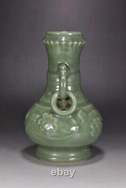 9.1 Chinese Antique Porcelain yuan dynasty cyan glaze flower double ear Vase