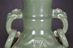 9.1 Chinese Antique Porcelain yuan dynasty cyan glaze flower double ear Vase