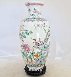9.2 Antique Chinese Famille Rose Porcelain Vase with Flowers, Birds & Stand