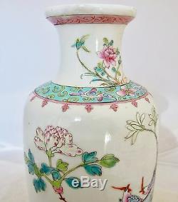 9.2 Antique Chinese Famille Rose Porcelain Vase with Flowers, Birds & Stand