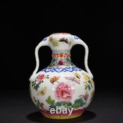 9.5 China old dynasty Porcelain Qinalong mark famille rose flowers plants vase