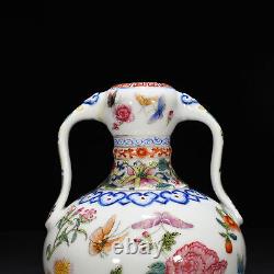9.5 China old dynasty Porcelain qianlong mark famille rose flowers plants vase