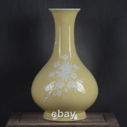 9.6 Chinese Porcelain Yellow Glaze Pile White Hand Painting Chrysanthemum Vase