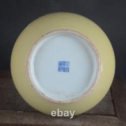 9.6 Chinese Porcelain Yellow Glaze Pile White Hand Painting Chrysanthemum Vase