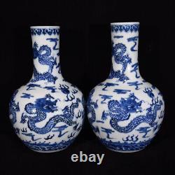 A Pair Beautiful Chinese Hand Painting Blue&white Porcelain Dragon Vase