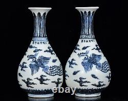 A Pair Beautiful Chinese Hand Painting Blue&white Porcelain Phoenix YuHuChunVAse