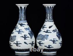 A Pair Beautiful Chinese Hand Painting Blue&white Porcelain Phoenix YuHuChunVAse