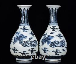 A Pair Beautiful Chinese Hand Painting Blue&white Porcelain Phoenix YuHuChunVAse