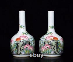 A Pair Beautiful Chinese Handmade Painting Famille Rose Porcelain Flowers Vase