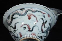 A Pair Beautiful Chinese Handmade Painting Underglaze Red Porcelain Dragon Bowl