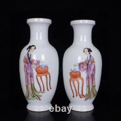 A Pair Chinese Enamel Porcelain HandPainted Exquisite Figure Vase 21627