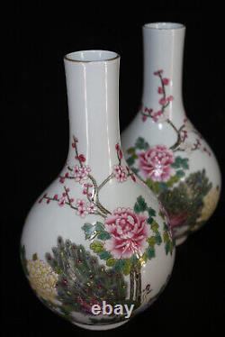 A Pair Chinese Pastel Porcelain Gilded Hand-Painted Flower&Bird Vase 19219