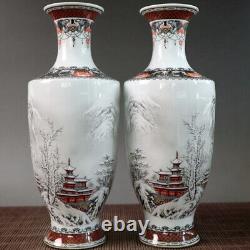 A Pair Chinese Pastel Porcelain HandPainted Exquisite Snowy scenery Vase 20914