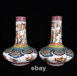 A Pair Chinese Pastel Porcelain HandPainted Exquisite Vase 22473