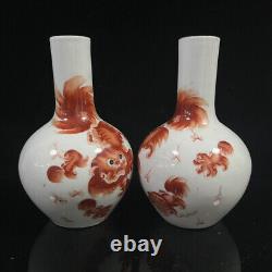 A Pair Chinese Porcelain Hand-Painted Exquisite Lion Vase 15031