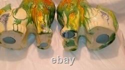 A Pair of Chinese Porcelain Foo-dog Yellow Glazed Statues Sculptures