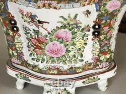 ANTIQUE CHINESE FAMILLE ROSE PORCELAIN UNUSUAL SHAPE LARGE PLANTER WithSTAND 10,5