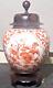 Antique Chinese Red & White Porcelain Jar Vase With Wooden Lid And Elevated Base
