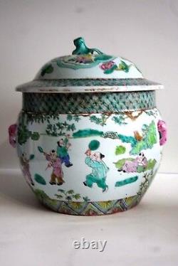 Antique 18-19 C Chinese Porcelain Famille Rose Large Jar LID Marked 9,5'' Tall