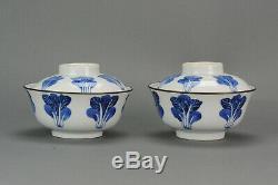 Antique 19c Chinese Porcelain Lidded Bowls Bleu de Hue Leaf Vietnam