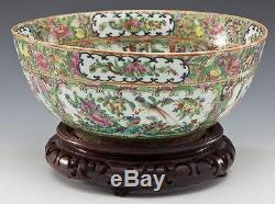 Antique 19th Century Chinese Porcelain Rose Medallion Bowl with Carved Wood Stand
