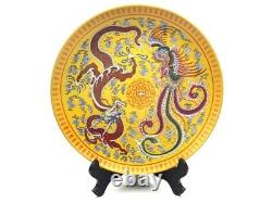 Antique 19th Chinese Yello Qing Porcelain Plate PHOENIX & DRAGON