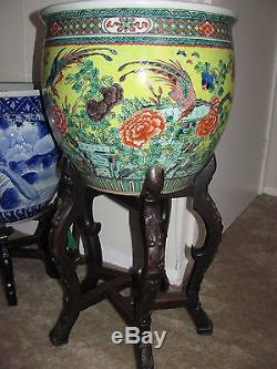 Antique 19thC Chinese Qing Dynasty Porcelain Famille Jaune fish bowl wood stand
