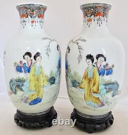 Antique 9.1 Pair of Chinese Thin Porcelain Famille Rose Vases with Dignitary