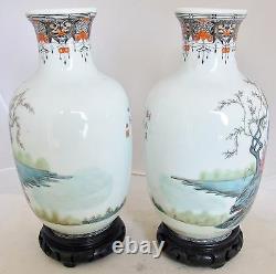 Antique 9.1 Pair of Chinese Thin Porcelain Famille Rose Vases with Dignitary