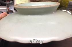 Antique CHINESE CELADON PORCELAIN FOOTED SERVING PLATE Da Qing Qian Long Fish