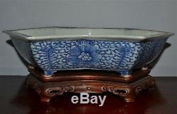 Antique Chinese Barbed Rim Porcelain Narcissus Planter Wood Stand