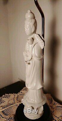 Antique Chinese Blanc De Chine Porcelain Guan Yin Goddess Statue Lamp Marked