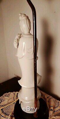 Antique Chinese Blanc De Chine Porcelain Guan Yin Goddess Statue Lamp Marked