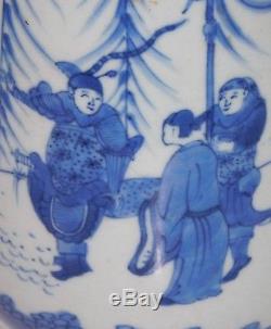 Antique Chinese Blue & White Porcelain 19th. C Kangxi Style Scholars Qing Vase