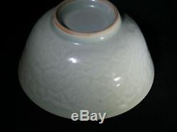 Antique Chinese Carved Celadon Porcelain Bowl Fish Lotus