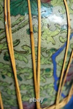 Antique Chinese Celadon Crackle Glaze Lotus Flower Enamel Painted Oil Jar Vase
