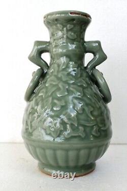 Antique Chinese Celadon Glazed Porcelain Vase Flanked Handles With Rings Motif