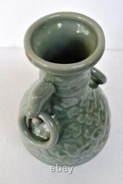 Antique Chinese Celadon Glazed Porcelain Vase Flanked Handles With Rings Motif