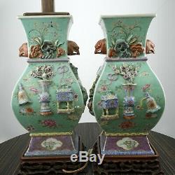 Antique Chinese Export Famille Rose Porcelain Lamps Embossed Hand Painted Pair