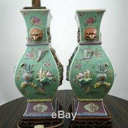 Antique Chinese Export Famille Rose Porcelain Lamps Embossed Hand Painted Pair