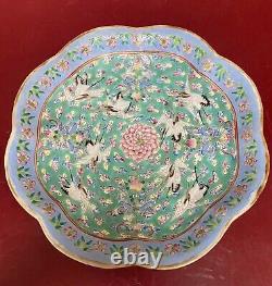 Antique Chinese Famille Rose Crane Porcelain Footed Plate