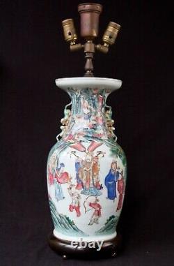Antique Chinese Famille Rose Immortal Porcelain Vase 19th C, as Lamp